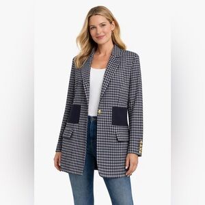 CAbi The Checkup Navy Gingham Jacket XL | Patchwork Blazer Style | Gold Button
